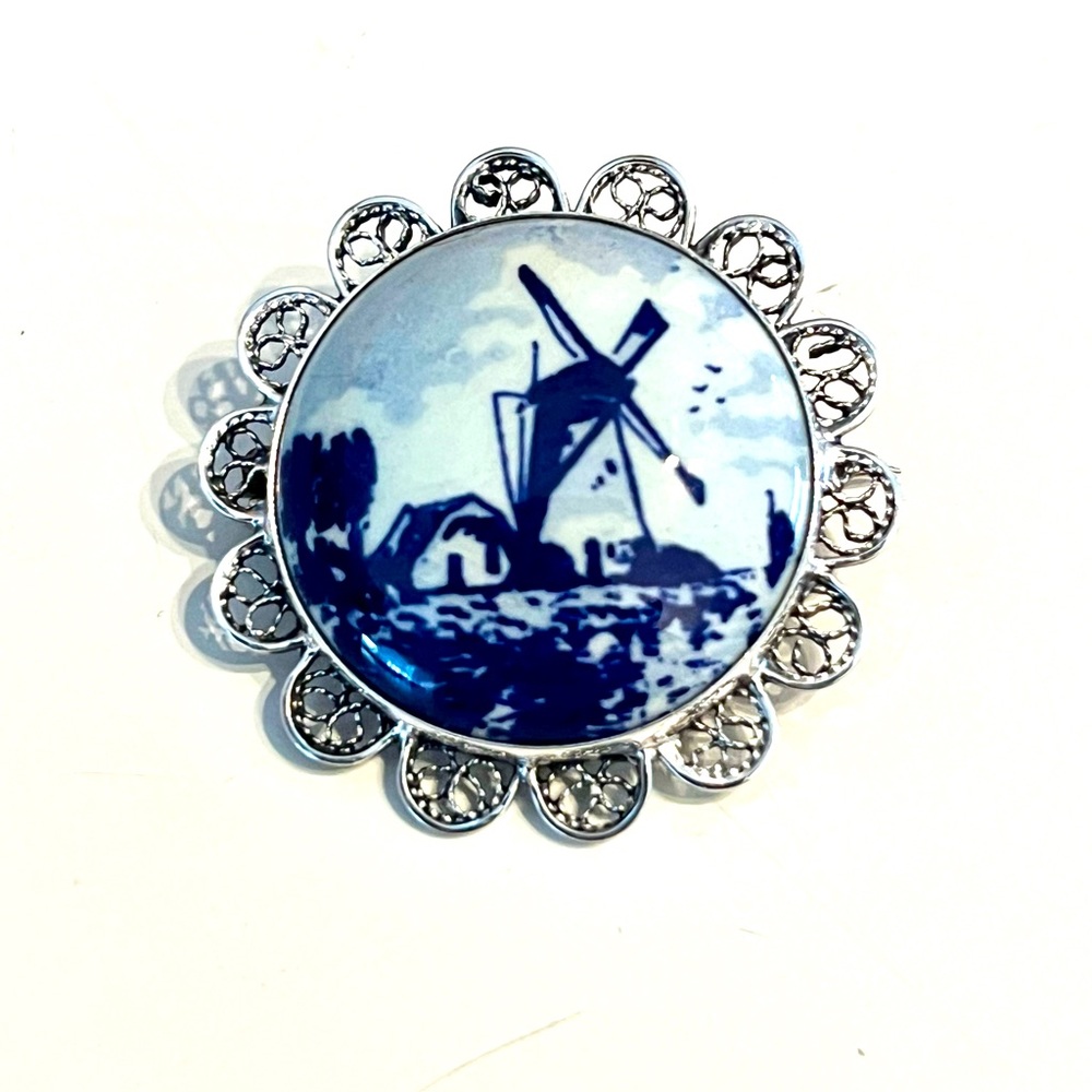 Vintage Delft 800 Silver Filigree Porcelain Brooch